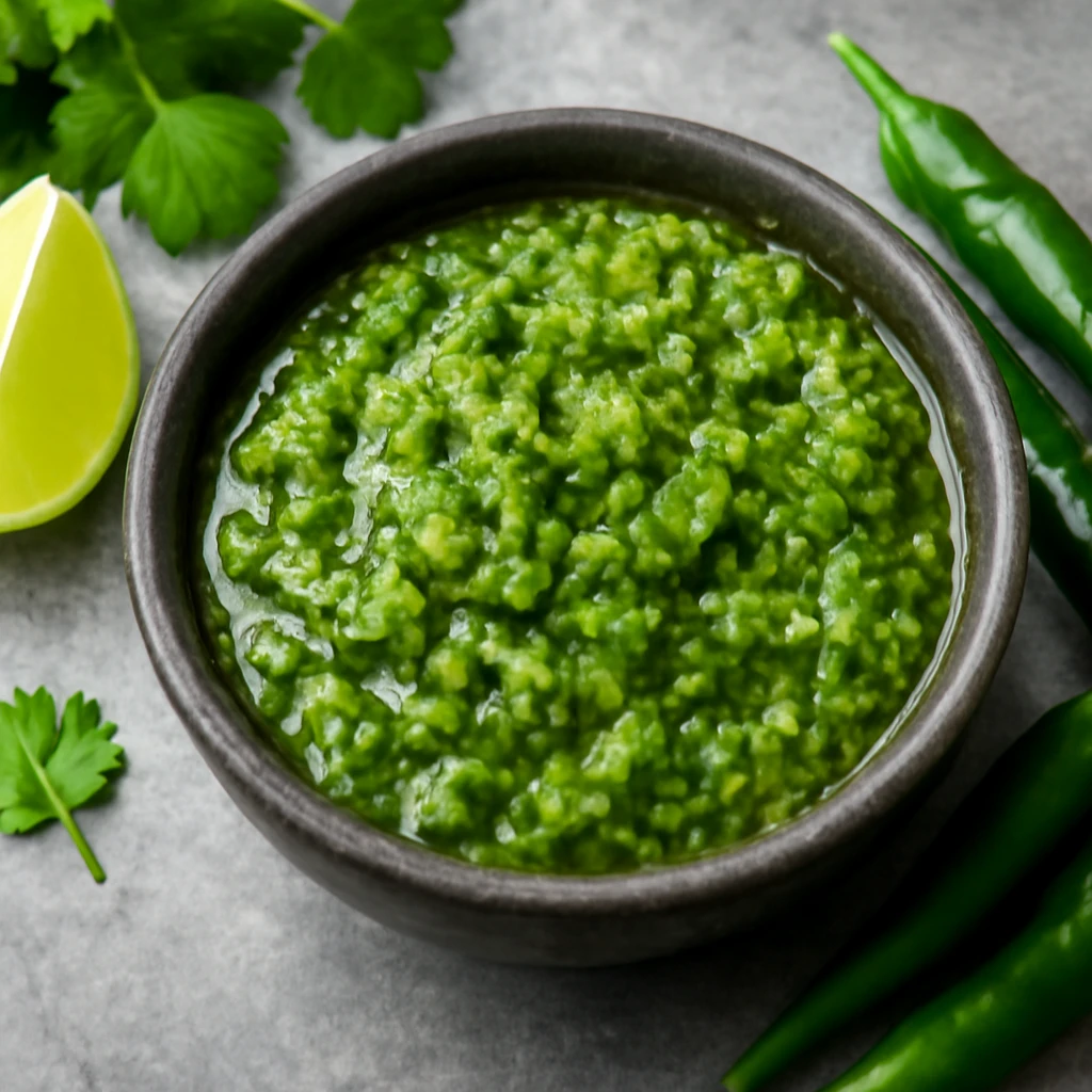 Friss és csípős zöld chili sambal korianderrel és lime-mal