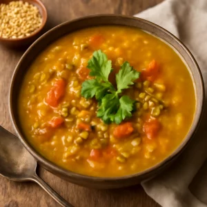 Indiai fűszeres sambar mungóbabbal, friss korianderrel