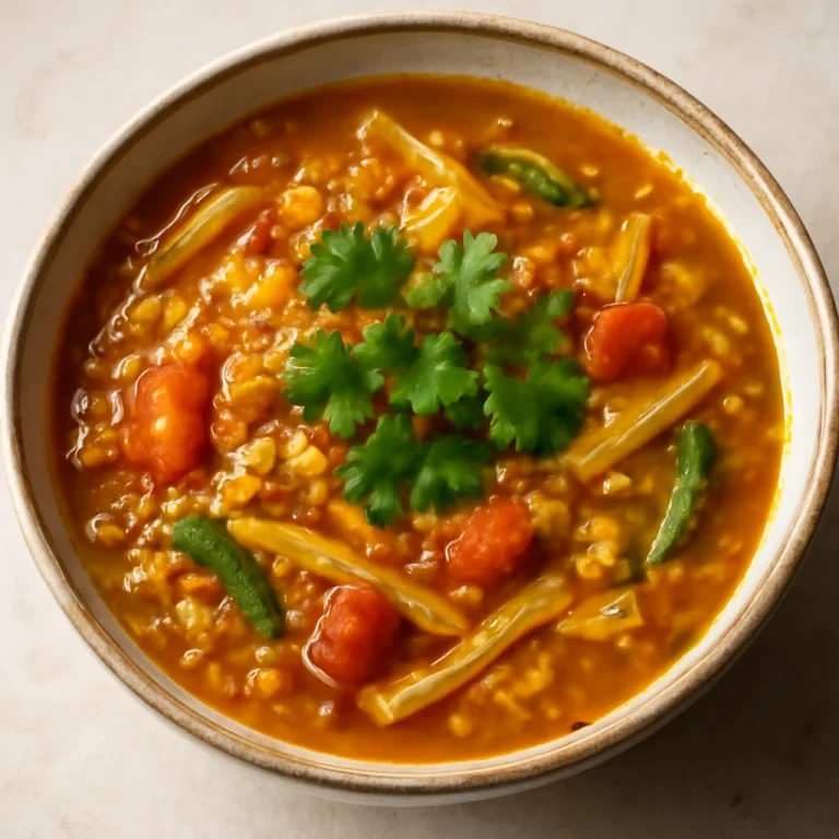 Sambar káposztával, gazdag fűszerekkel tálalva