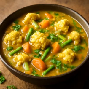 Friss Sambar karfiollal, korianderrel díszítve