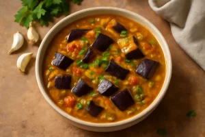 Indiai sambar padlizsánnal és lencsével tálalva