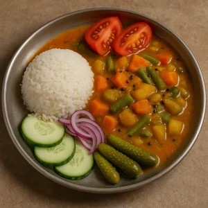Fűszeres indiai sambar lencséből és zöldségekkel