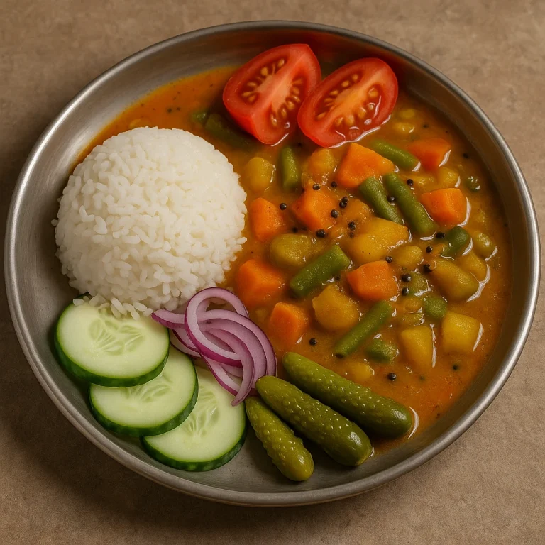 Sambar vegyes zöldségekkel tálalva rizs és zöldséges köret mellett