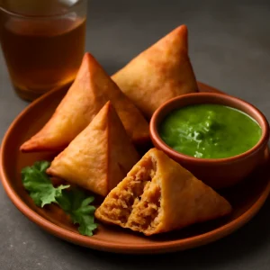 Fűszeres samosa csirkehúsos töltelékkel, mentateával tálalva