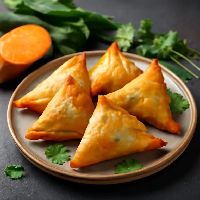 Samosa spenótos édesburgonyával, ropogós, aranybarna tésztában, zöld fűszerekkel tálalva.