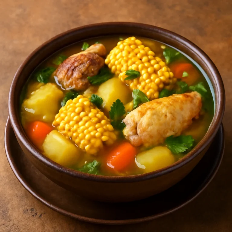 Sancocho colombiano, gazdag húsleves marhahússal, csirkével, kukoricával és zöldségekkel tálalva