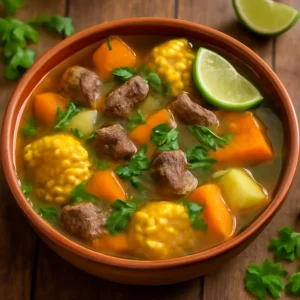 Friss és ízletes Sancocho de res, gazdag marhahússal és zöldségekkel