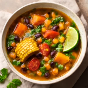 Finom húsmentes sancocho zöldségekkel és hüvelyesekkel