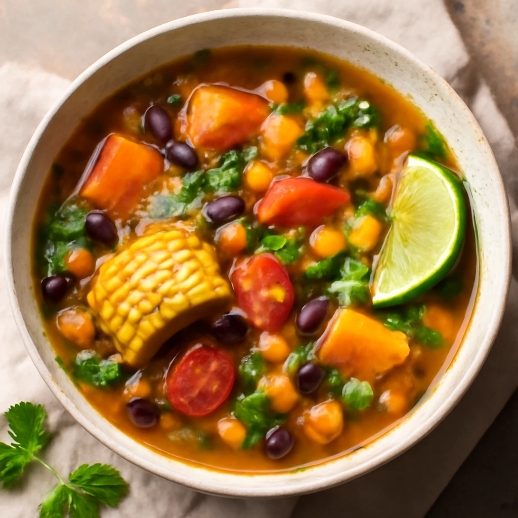 Finom húsmentes sancocho zöldségekkel és hüvelyesekkel
