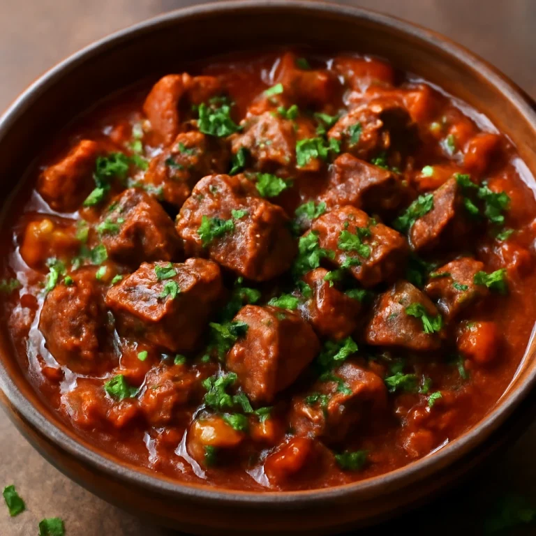 Sarapatel sertésszívvel, gazdag fűszeres húsétel friss korianderrel díszítve