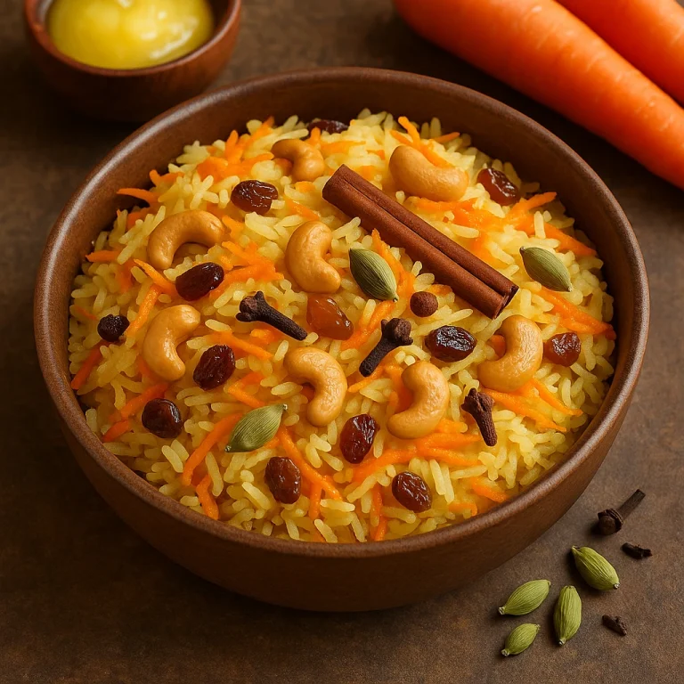 Sárgarépás mishti pulao tálalva kardamommal, kesudióval és mazsolával