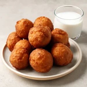 Japán Sata Andagi édesség, kókusztejjel tálalva