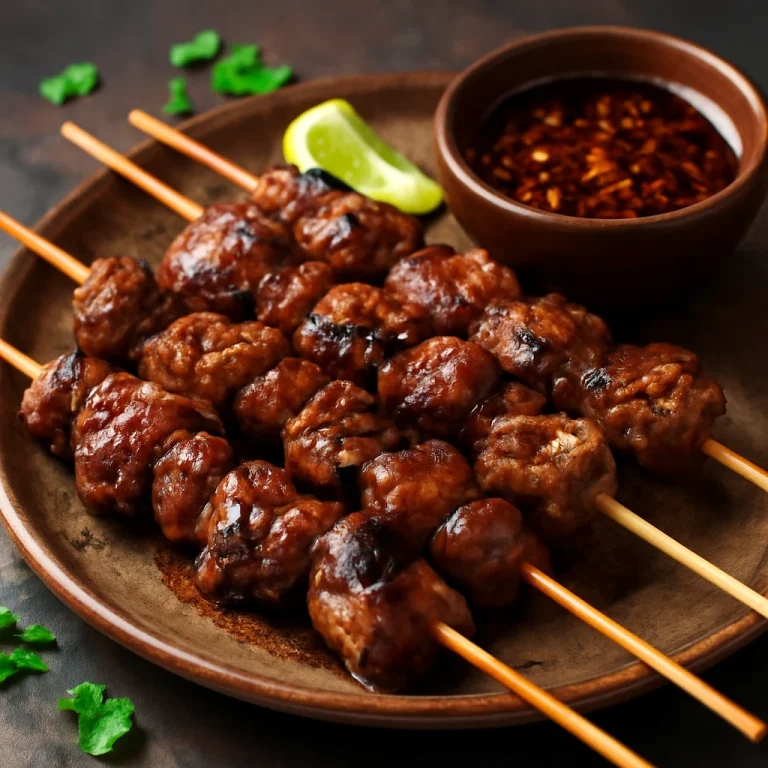 Sate Kambing fokhagymás páccal, frissen grillezett húsok fapálcikán