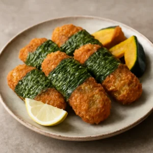 Ropogós shiso levélbe tekert hal, sült japán étel