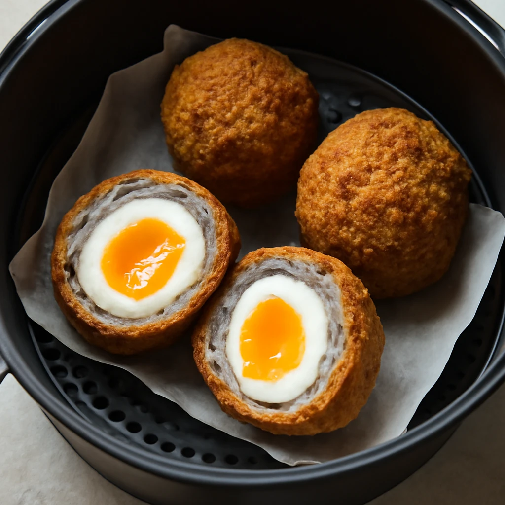Scotch egg kívül ropogós, belül puha és tojásos