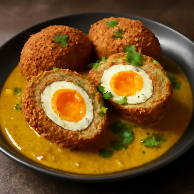 Scotch egg curry fűszerrel tálalva, curry szósszal és friss zöldfűszerrel díszítve