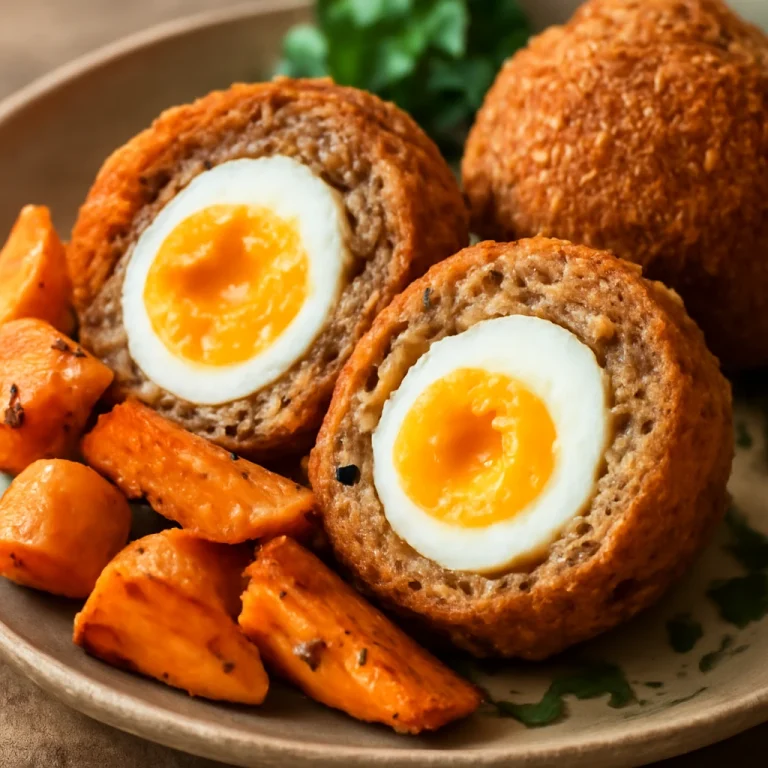 Scotch egg édesburgonyával, panírozott tojások és hús kíséretében