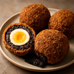 Ropogós Scotch egg fekete pudinggal, gazdag ízvilággal