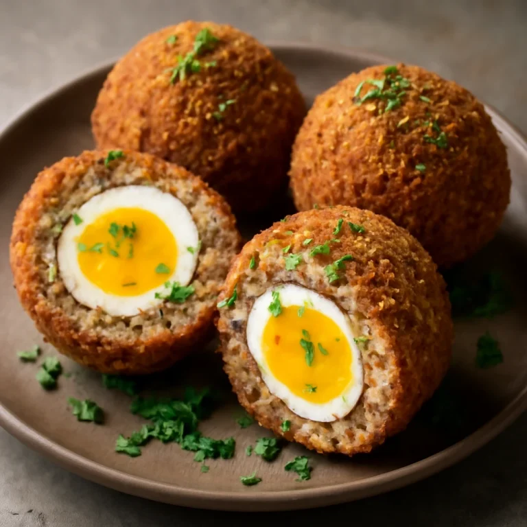 Scotch egg fűszeres darált hússal, friss petrezselyemmel tálalva