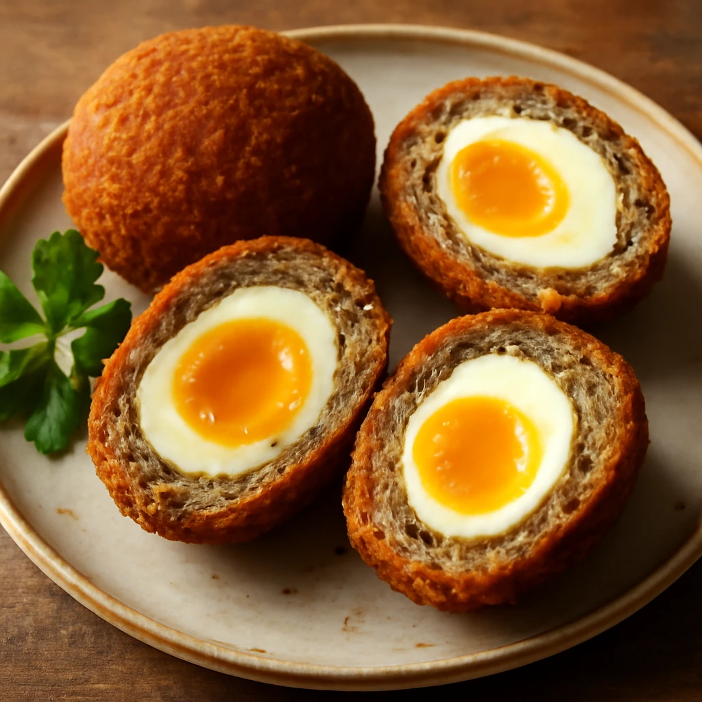 Friss Scotch egg lágy tojással, kívül ropogós és belül puha