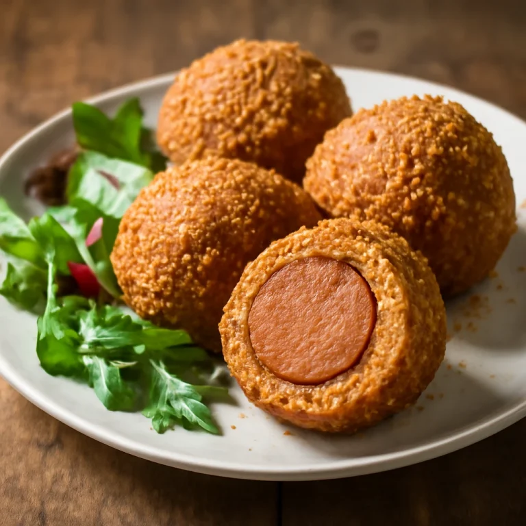 Vegetáriánus scotch egg tálalva, ropogós panírban