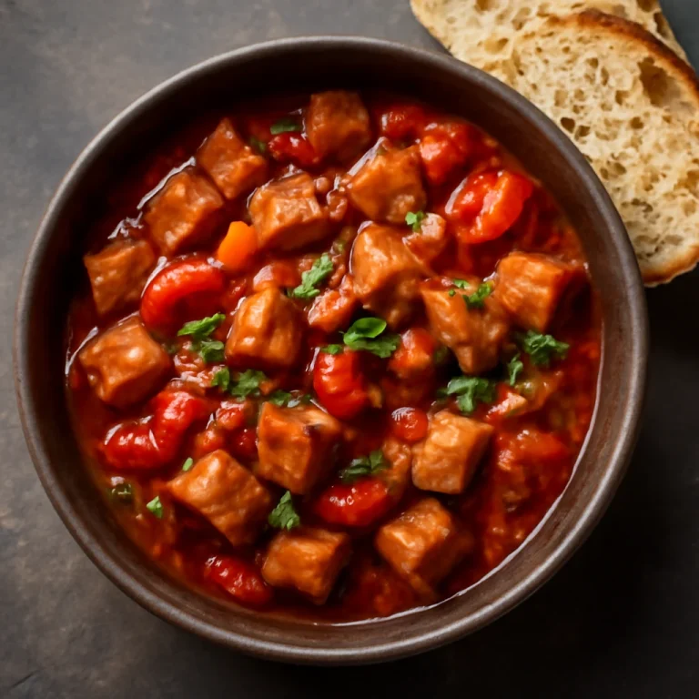 Seitan pörkölt friss kenyérrel tálalva, gazdag fűszerekkel és zöldségekkel
