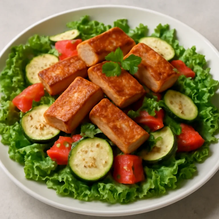 Seitan saláta friss zöldségekkel, olívaolajjal és citromlével, díszítve petrezselyemmel