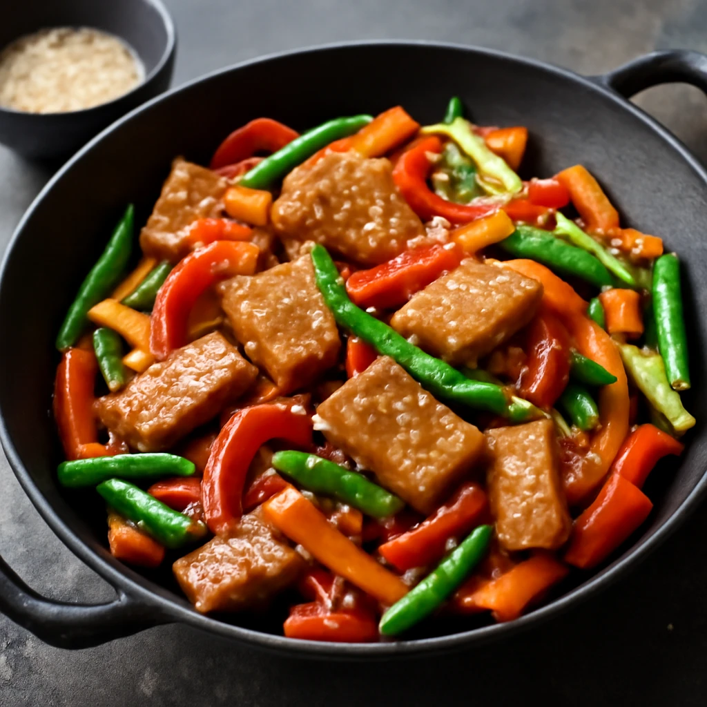 Finom seitan stir-fry, gazdag szójaszószos ízekkel, zöldségekkel és szezámmal