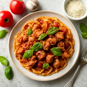 Friss és ínycsiklandó seitan tészta, paradicsomos szósszal