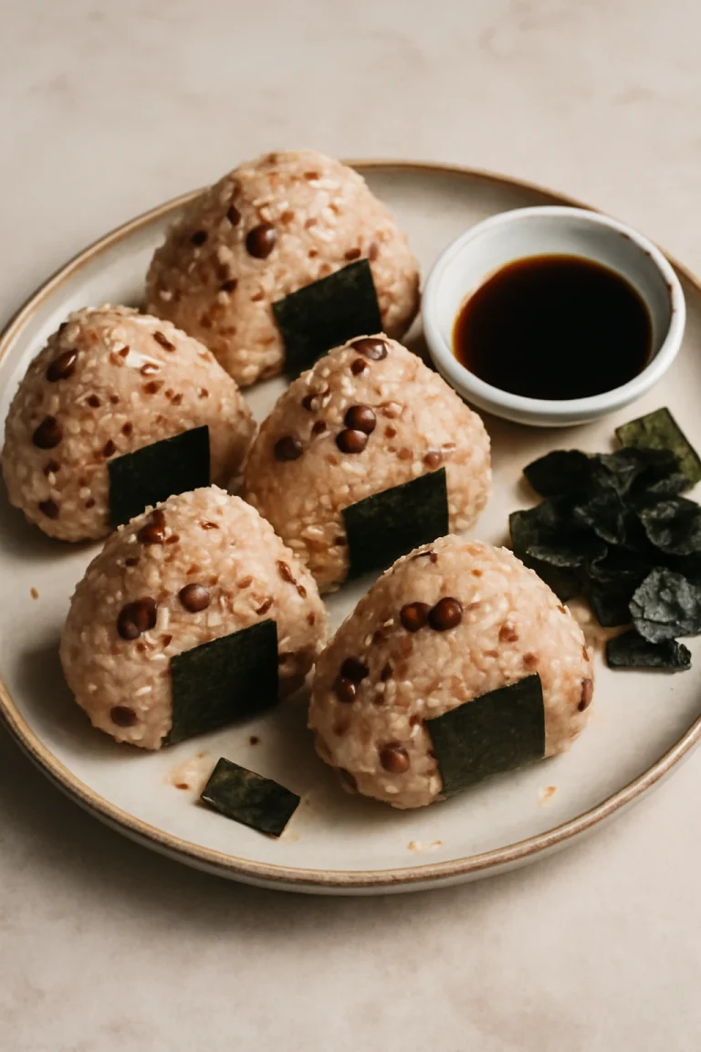 Sekihan onigiri rizsgolyókkal tálalva, nori alga és szezámolaj díszítéssel