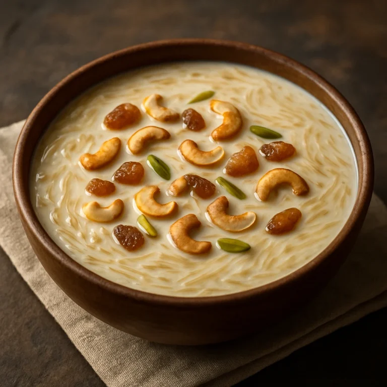 Semiya payasam vermicellivel, mazsolával és pirított kesudióval tálalva