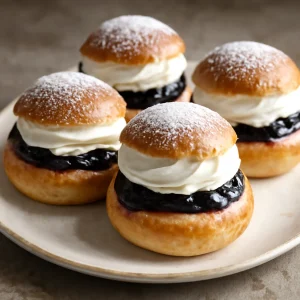 Finom svéd semla édes áfonyával és tejszínhabbal