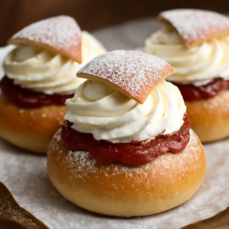 Semla eperlekvárral és tejszínhabbal, porcukorral megszórva