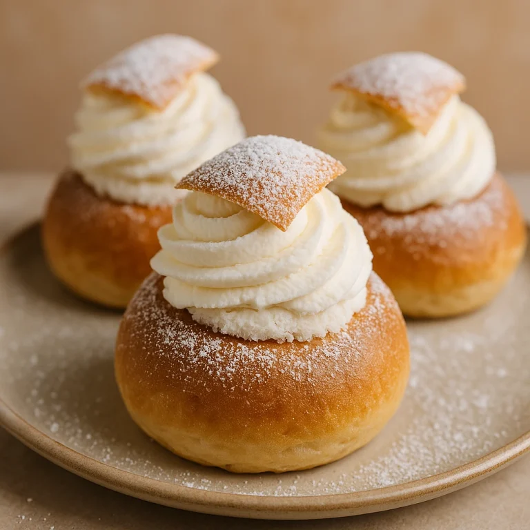 Semla kókuszos krémmel, porcukorral megszórva, aranybarna buciban tálalva