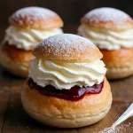 Semla málnalekvárral, tejszínnel tálalva