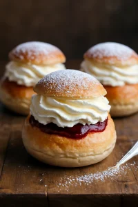 Svéd semla, friss málnalekvárral és tejszínnel