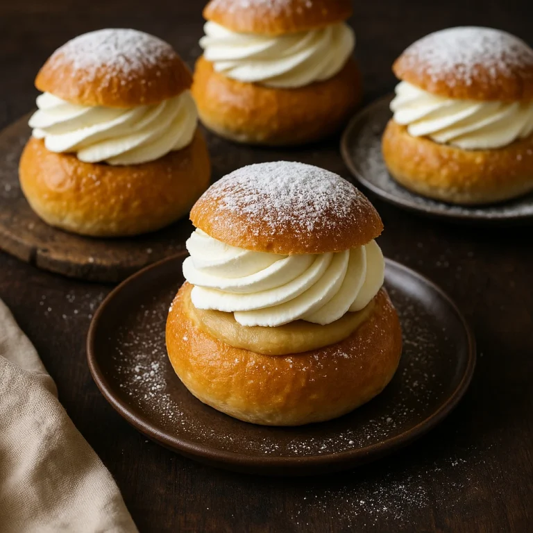 Semla marcipános változat, porcukorral megszórt tejszínes sütemény rusztikus tálalásban