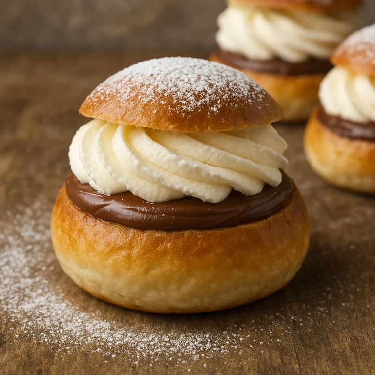Semla mogyorókrémmel, habos töltelékkel és porcukorral szórva tálalva