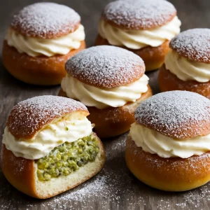 Skandináv semla, gazdag pisztáciás töltelékkel