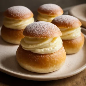 Puha semla vaníliás krémmel töltve, porcukorral meghintve