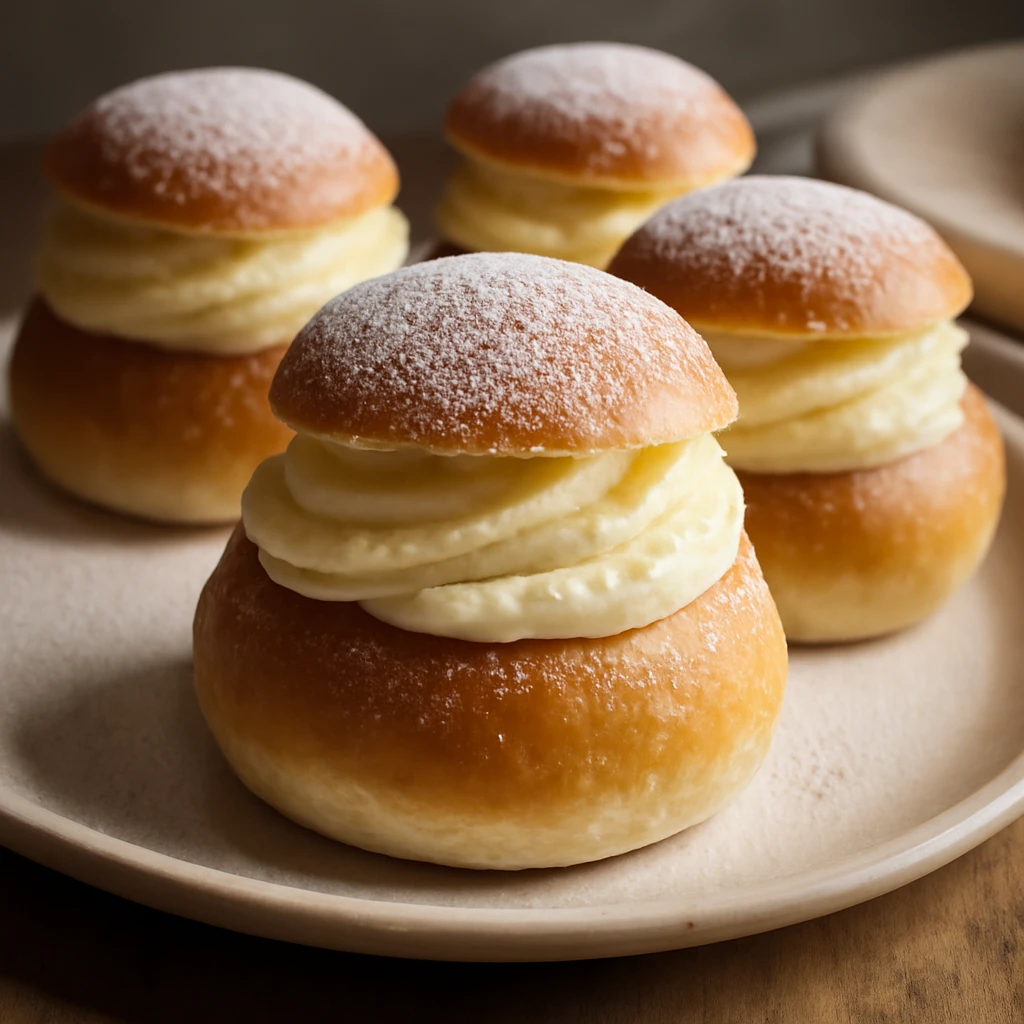 Puha semla vaníliás krémmel töltve, porcukorral meghintve