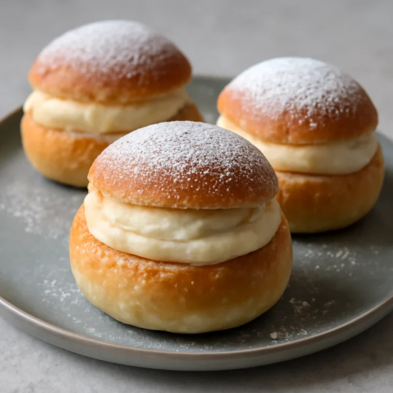 Semla vegán változatban, mandulakrémmel töltve és porcukorral megszórva