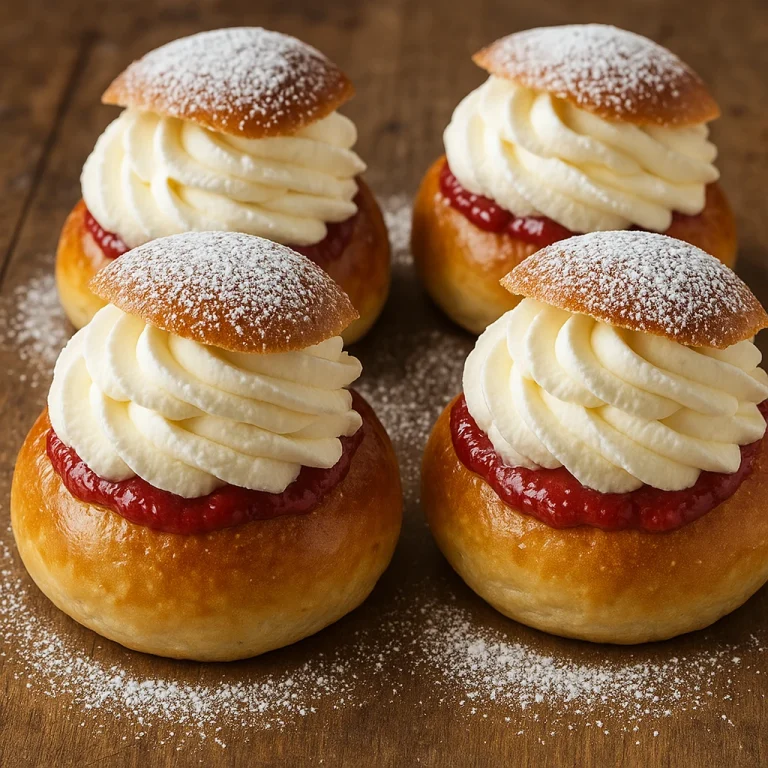 Semlor málnalekvárral, tetején porcukorral megszórva, habbal és lekvárral töltve