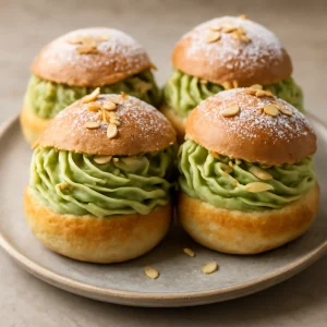 Matcha krémes semlor, mandulaforgáccsal tálalva