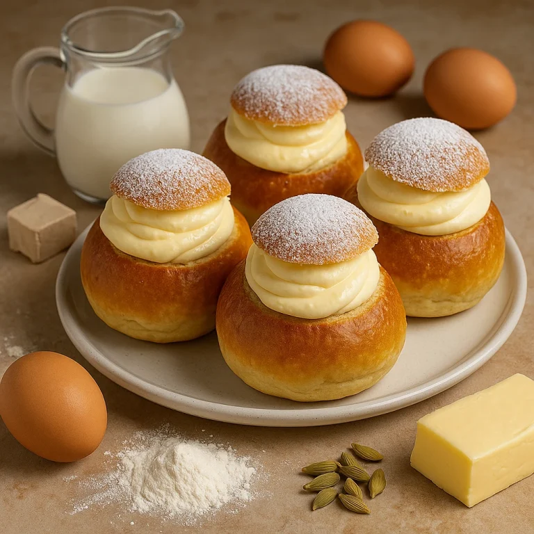 Semlor vaníliakrémmel töltve, tetejükön kalapszerű zsemletetővel, tálalva