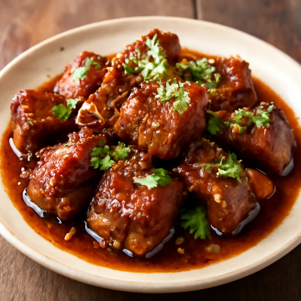 Koreai sertés galbi tálalva, gazdag ízvilággal és friss zöldségekkel