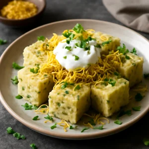 Friss, ínycsiklandó Sev khamani dhokla, korianderrel és joghurttal tálalva