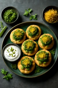 Frissítő sev puri csípős zöld chutney-val, friss fűszerekkel és joghurttal