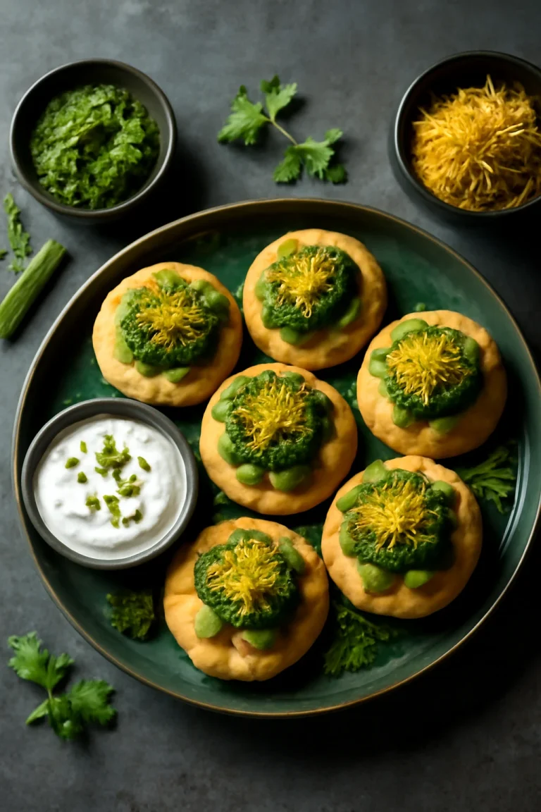 Sev puri csípős zöld chutney-val, ropogós puri, krémes joghurt és friss zöld fűszerek