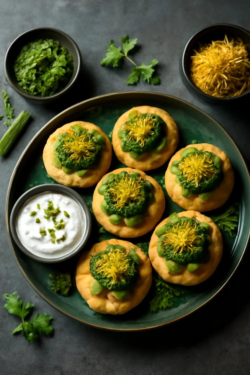 Frissítő sev puri csípős zöld chutney-val, friss fűszerekkel és joghurttal